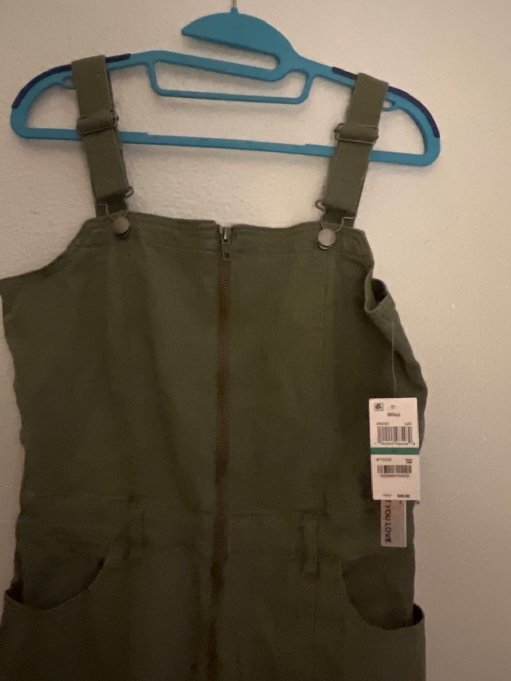 Tinseltown Olive Green Mini Overall Dress with Front Zip